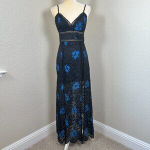 Bebe Mandy Lace Maxi Dress Women's 4‎ Black Blue Embroidered Floral Goth Gown